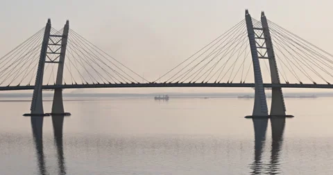 Traffic on cable-stayed bridge in Saint Petersburg, Russia Stock Footage 89409714