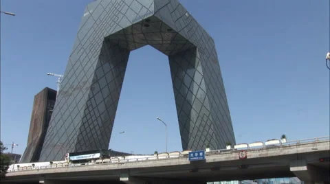 Traffic, CCTV skyscraper, Beijing, China Stock Footage 54229535