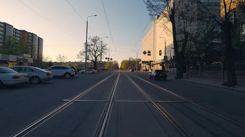 Traffic in the center is expensive with rails to an empty intersection Stock Footage 128337774