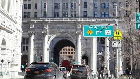 Traffic on Chambers to Brooklyn Bridge Manhattan Stock Footage 87341660