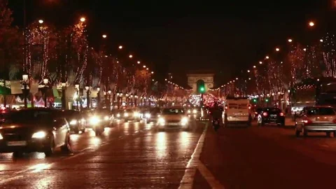 Traffic on Champs Elysees at night. Stock Footage 69225236