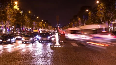 Traffic at the Champs Elysees by Night, Time Lapse Stock Footage 49470946