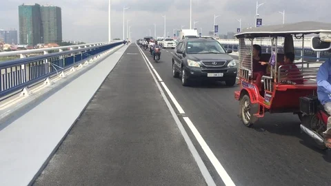 Traffic on Chroy Changva Bridge, Phnom Penh Cambodia IMG 8551 Stock Footage 119845106