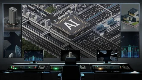 Traffic in a city controlled by artificial intelligence  in control center. 4k. 스톡 동영상 148624493