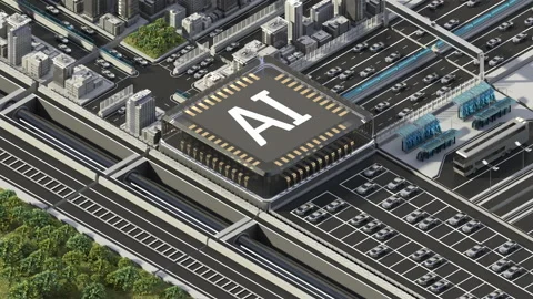 Traffic in a city controlled by artificial intelligence, Smart city concept. 4k. 스톡 동영상 148624997