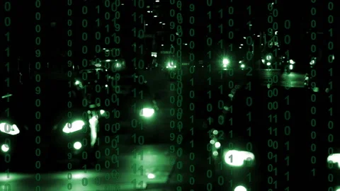 Traffic in the city at night with binary computer code scrolling AI concept 库存影片 156282161