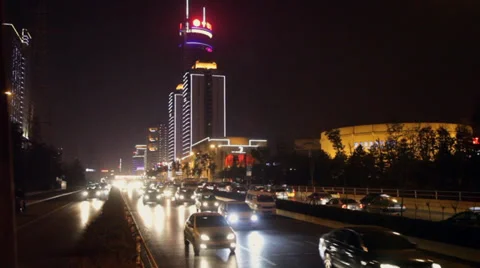 Traffic in city at night Stock Footage 34285455