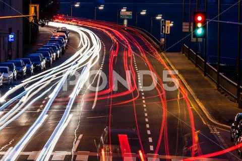 Traffic in city at night Stock Photos