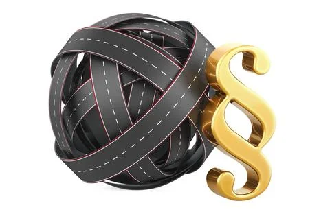 Traffic codes and laws, concept. Roads knot with paragraph symbol, 3D renderi Stock Illustration