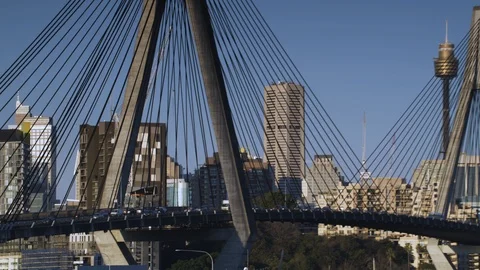 Traffic Coimmutes Across Anzac Bridge, Sydney, Australia Stock Footage