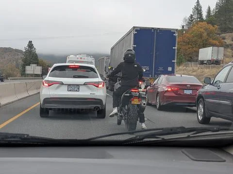 Traffic at a complete stop on a two-lane Oregon highway Stock Photos