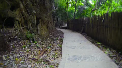 Traffic on concrete path along the rocks and bamboo fence Stock Footage