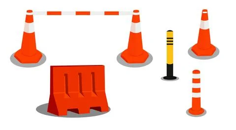 Traffic cone and road construction safety barrier set. Stock Illustration
