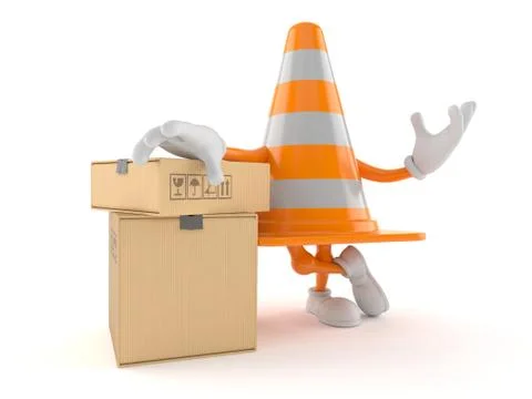 Traffic cone character with stack of boxes 스톡 일러스트