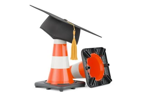 Traffic cone with education hat. 3D rendering Stock Illustration