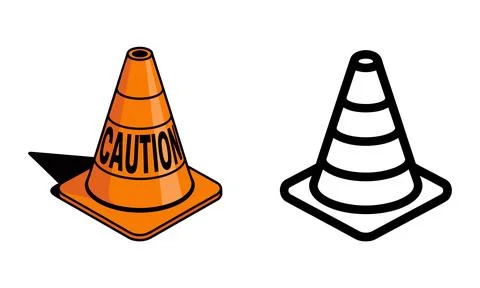Traffic Cone Illustrations with Caution Text and Outline Version. Stock Illustration