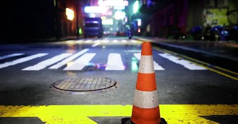 Traffic cone stands on an empty neon lit street at night Stock Illustration