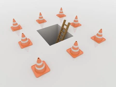 Traffic Cones Around Manhole and Ladder, 3D Render Stock Illustration