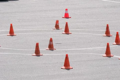 Traffic cones arranged for driving training course Stock Photos