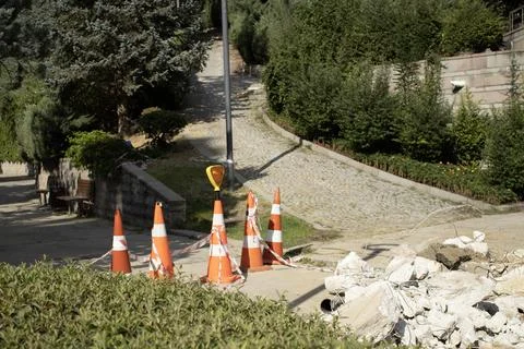 Traffic Cones Blocking Park Path Stock Photos