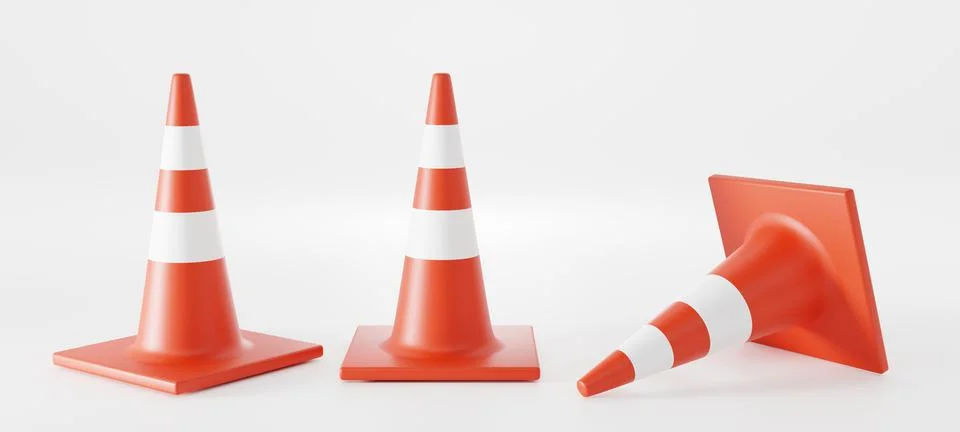 Traffic cones front, angle view and lying down. Realistic set orange warning Stock Illustration
