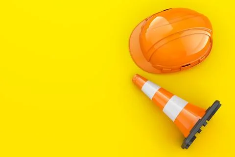 Traffic cones with hard hat on orange backdrop. 3D rendering Stock Illustration