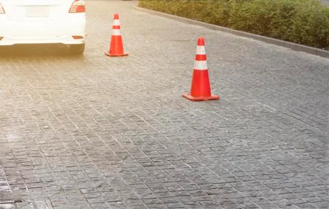 Traffic cones placed on the road surface To divide the lane into two lanes fo Stock Photos