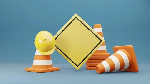 Traffic cones road cones safety helmet and road sign 3d rendering Stock Illustration