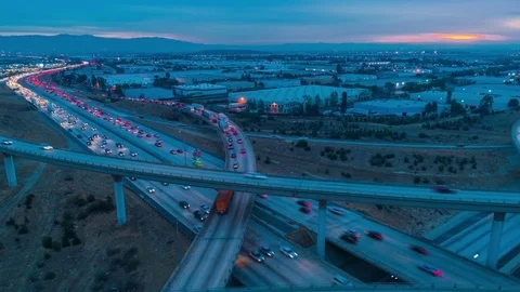 Traffic congestion causing CO2 emissions and pollution on freeways. Stock Footage 85044838