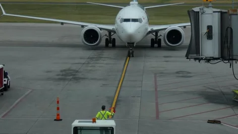 Traffic controller ( flag man ) regulates navigate an airplane on the runway Stock-Footage 314844404