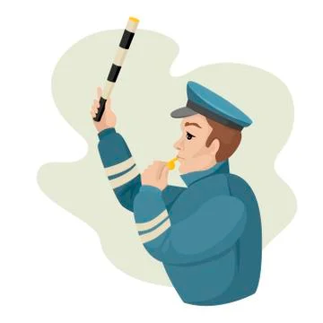 A traffic cop, holding a whistle, stops the car. Vector character design Stock Illustration