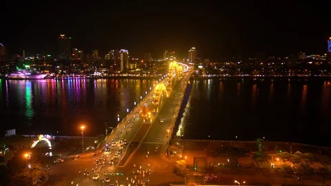 Traffic Crossing the Dragon bridge in Da Nang Vietnam - Night Stock Footage 87192178