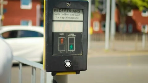 Traffic crossing request using pedestrian button at roadside signal control Stock Footage 338069441