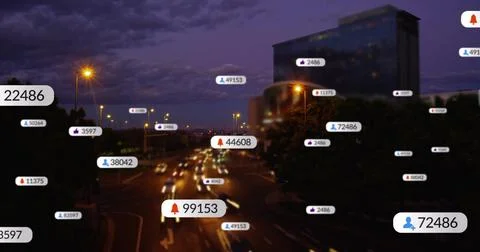 Traffic data points image over busy city street at night Stock Photos