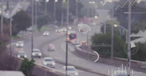 Traffic data visualization image over busy highway with moving cars Foto stock