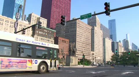 Traffic in Downtown Chicago 2 Buses Stock Footage 10686669