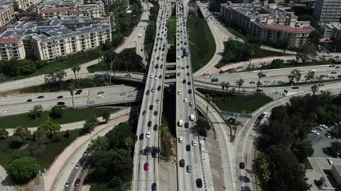 Traffic DTLA 101 Freeway Highway Drone Full HD Stock Footage 109304513