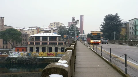 Traffic during a snowfall in the Bridge of Victory Stock Footage 87117197