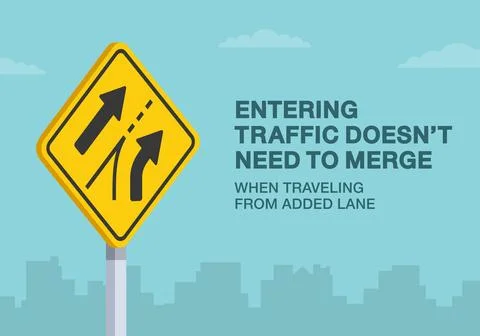 Traffic entering from added lane does not need to merge road sign. Close-up vie Stock Illustration