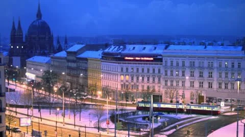 Traffic on Europe square in Vienna at winter night Stock Footage