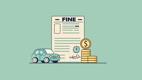 Traffic Fine with Car Next to Big Fine notice Document and Money Coins flat.. Stock Footage 304774110