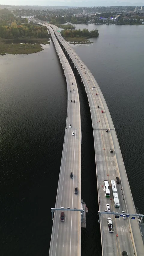 Traffic Flow on the 520 Floating Bridge in Washington State, Vertical Shot Stock Footage 281687808
