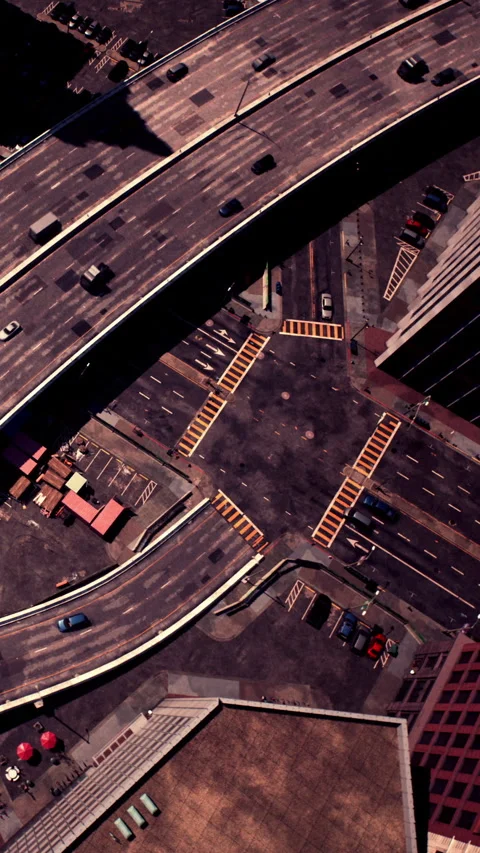 Traffic flow and road layout view from a high point in a city Stock Footage 335692408
