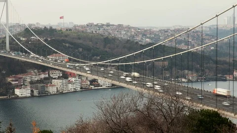Traffic flow timelapse in Fatih Sultan Mehmet Bridge, Istanbul Stock Footage 88302075