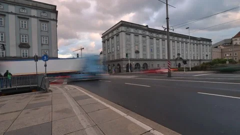Traffic flows quickly in this Linz, Austria time lapse Stock Footage 70793585