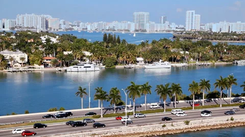 Traffic on freeway to Miami Beach in Florida, Aerial view 動画素材 37114413