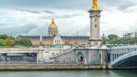 Traffic in front of Les Invalides and Bridge of Alexandre III timelapse in Paris Stock Footage 80672867