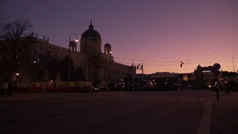 Traffic in front of sunset over Art History Museum in Vienna Stock Footage 146449267