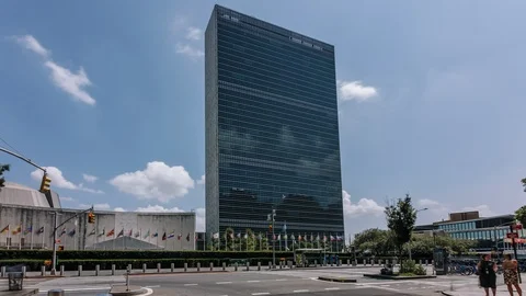 Traffic in front of the Union Nations -  building in Manhattan - New York - USA Stock Footage 114080692