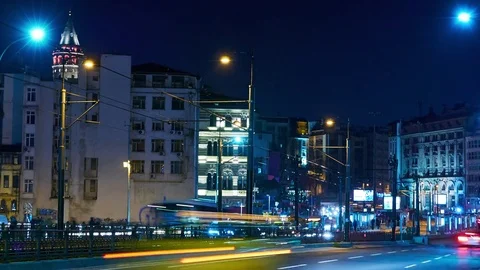 Traffic on the Galata bridge at night Stock Footage 69946680